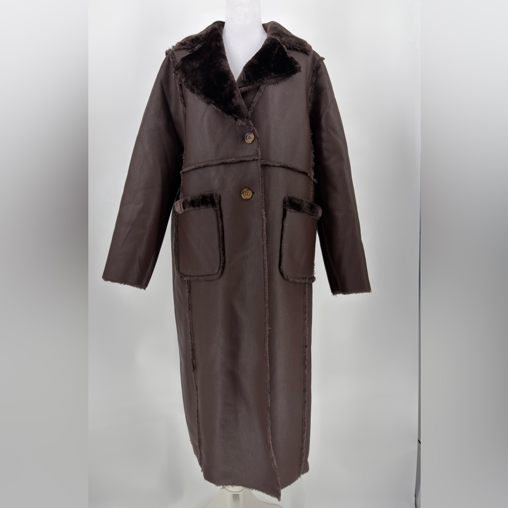 Jason Wi Shearling long Coat Cafe Noir Brown Teddy Lined Button Front Size M NWT